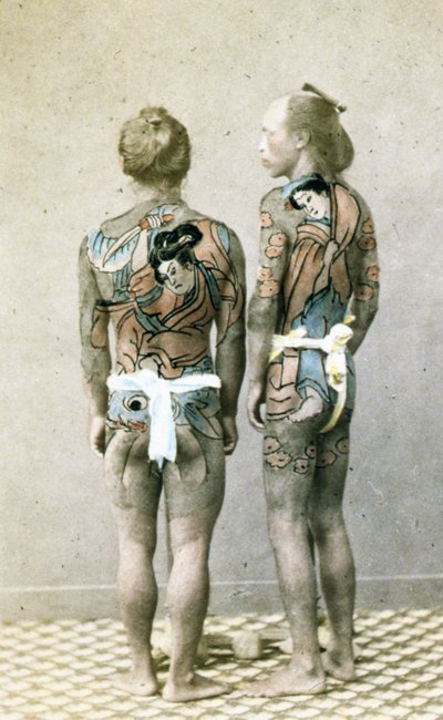 Two men with traditional Japanese Irezumi tattoos, c.1880 by Japanese Photographer